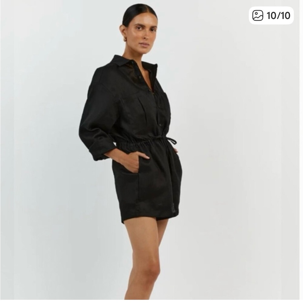 DISSH Maxie black linen shirt romper with drawstring waist